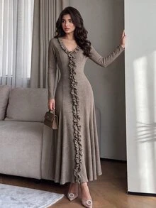 NOVVYNE Women's Knitted Coffee Color V-Neck Ruched Waist Long Sleeve Elegant Romantic Dress - Coffee - View 3