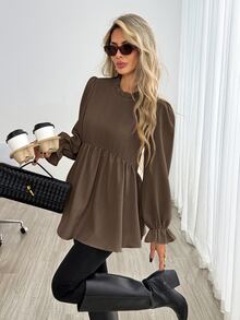 Easowa Women's Solid Color Pleated Casual Daily Long Sleeve Shirt - Brown - View 1