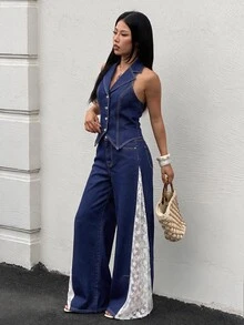 Sweetra Women's Single-Breasted Halter Neck Top And Long Pants Casual Everyday Denim Set - Blue - View 3