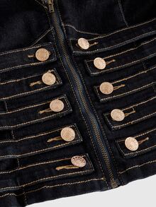 ROMWE Grunge Punk Vintage Button-Down Sweetheart Neck Petal Sleeve Cinched Waist Women's Denim Shirt - Dark Wash - View 3