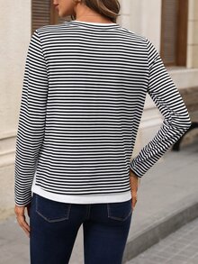 EMERY ROSE Women's Fine Striped Pattern Long Sleeve Crew Neck Versatile Casual T-Shirt - Black and White - View 2