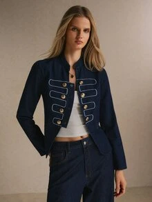 Poéselle Women's Fitted Double Breasted Denim Jacket With Gold Buttons And Contrast Piping, Elegant Tailored - Dark Wash - View 3