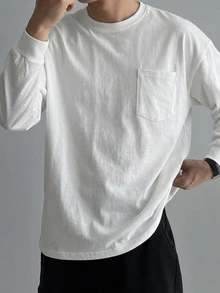 DAZY Men's Long Sleeve Thin Spring Autumn Grey T-Shirt With Cuffed Sleeves And Chest Pocket Design - White - View 6