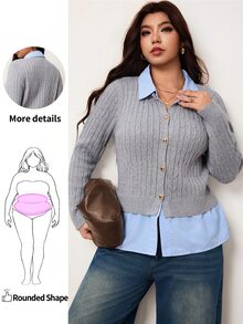 Enliva كارديجان نسائي بمقاس كبير محبوك بتصميم كابل مع ياقة وأساور متباينة الألوان، كنزة صوفية علوية بأزرار أمامية للخريف والشتاء - رمادي - مشاهدة 1