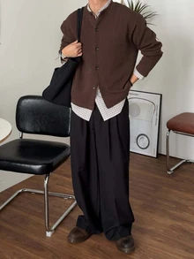 DAZY Spring/Autumn Collarless Knit Lightweight Commuter Long Sleeve Short Length Korean Style Casual Men's Shirt - Brown - View 6