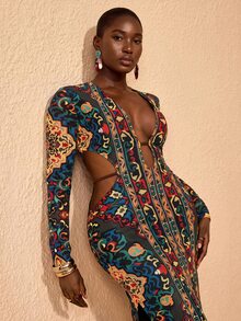 JIAN LASALA All-Over Print Mesh Deep V Side Cutouts Long Sleeve Women Boho Plus Size Dress Vacation Holiday Fall - Multicolor - View 4