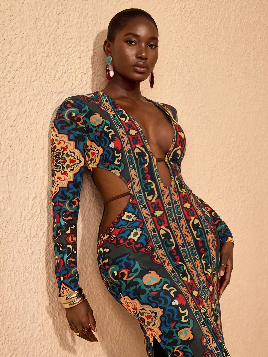 JIAN LASALA All-Over Print Mesh Deep V Side Cutouts Long Sleeve Women Boho Plus Size Dress Vacation Holiday Fall - Multicolor - View 1