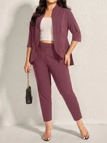 Comfylo Plus Size Women Solid Color 3/4 Sleeve Blazer And Pants 2 Pieces Office Suit, Business Casual Woman - Dusty Purple - View 4