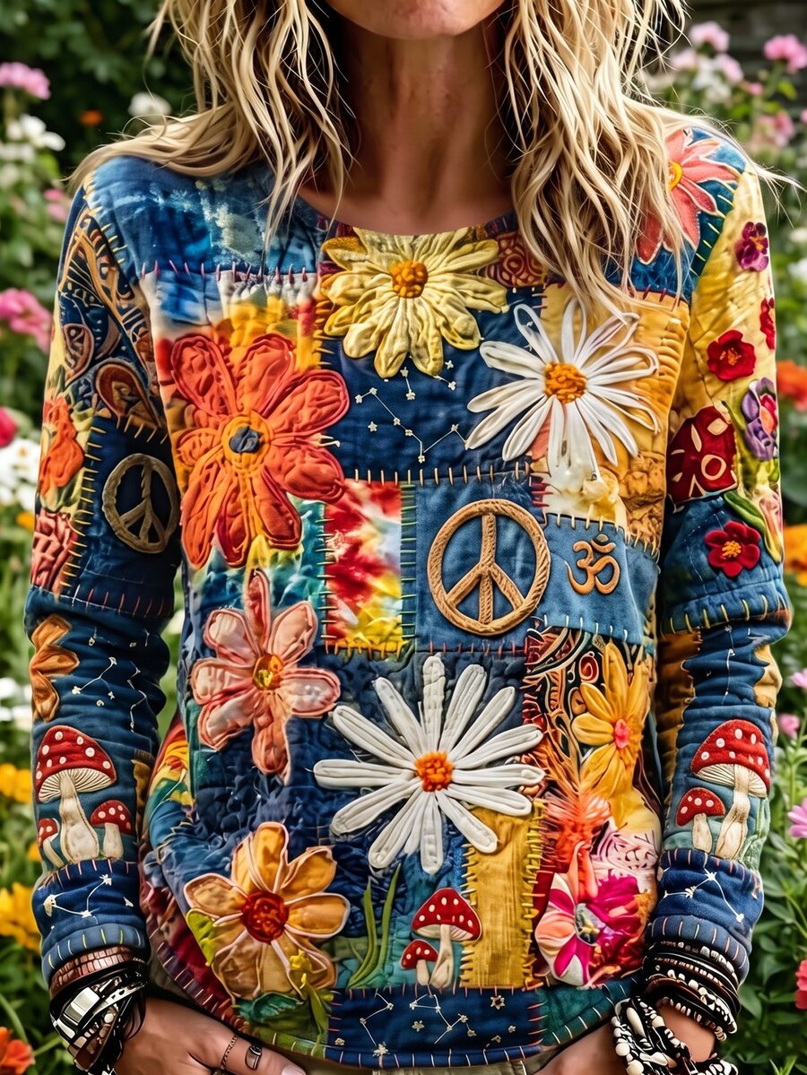 Selamara 女款復古嬉皮風和平符號雛菊花丹寧拼接印花T恤,女款休閒長袖T恤 - 彩色 - 查看 1