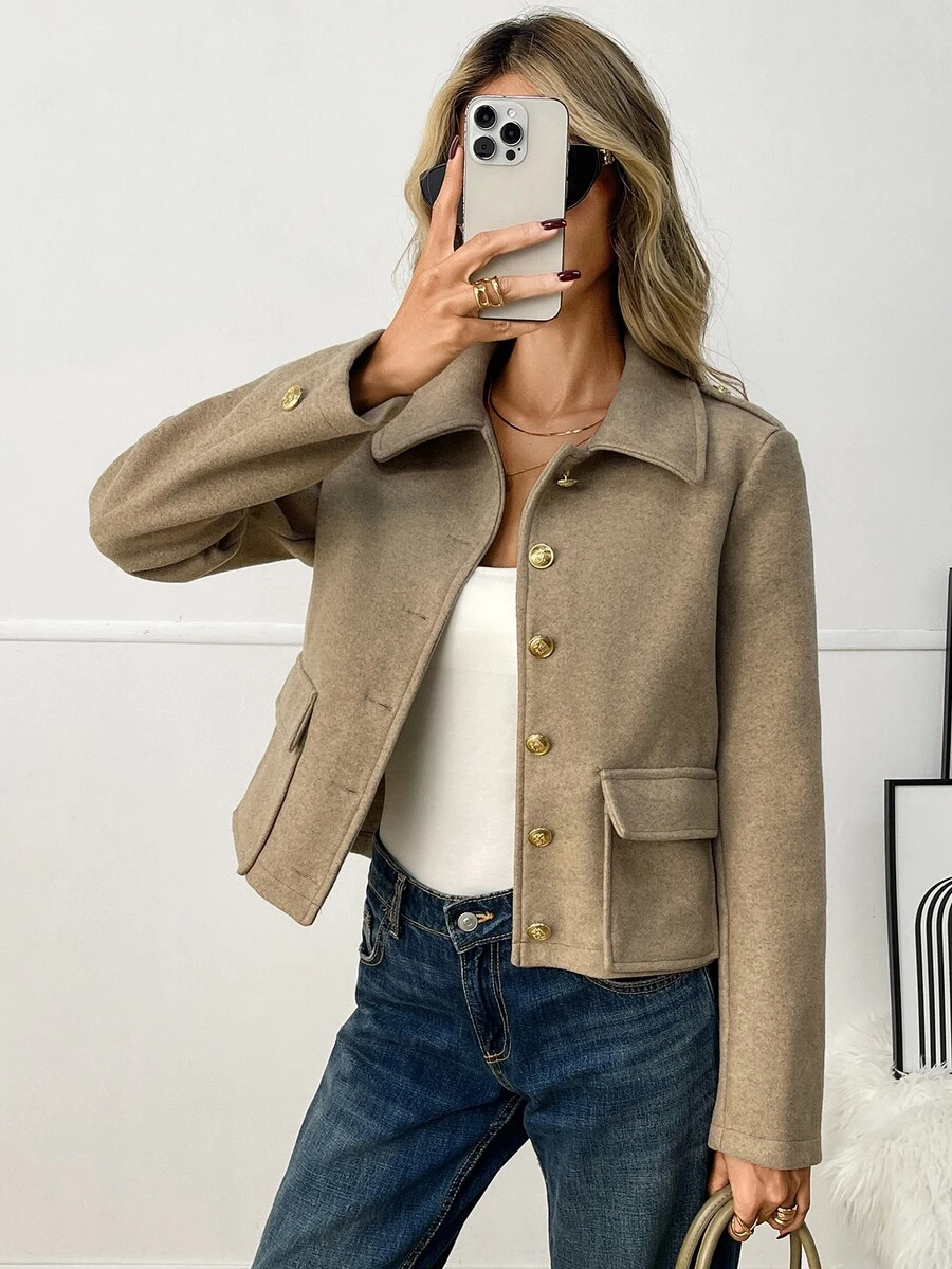 Elyressa Women's Solid Color Casual Versatile Daily Long Sleeve Jacket - Khaki - View 1