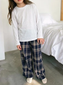 Dazy Kids 女童長袖T恤風格格紋休閒長褲 寬鬆直筒百搭居家褲 - 藏蓝色 - 查看 5