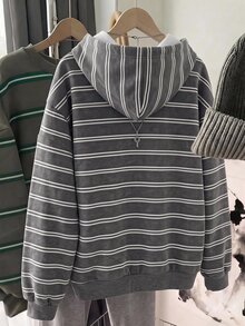 SHEIN EZwear 女款秋季新款條紋休閒學院風百搭日常長袖連帽衛衣 秋冬款 適合校園音樂節 灰色 - 彩色 - 查看 2