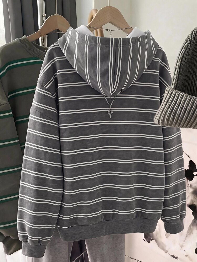 SHEIN EZwear Women's Autumn New Striped Casual Versatile Daily Long Sleeve Hooded Sweatshirt, Autumn/Winter Style, Suitable For Daily Commute, Date, Gathering, Autumn/Winter, Summer, Party, Wedding, Beach, Graduation Ceremony And Other Occasions, Elegant Casual, Suitable For Outings, Y2K Style, Music Festival And Other Scenes - Multicolor - View 2