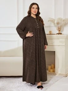 Al Najma Minimalist Casual Knit Jacquard Stand Collar Long Sleeve Loose Regular Fit Spring Autumn Plus Size Women Arabian Dress - Chocolate Brown - View 4