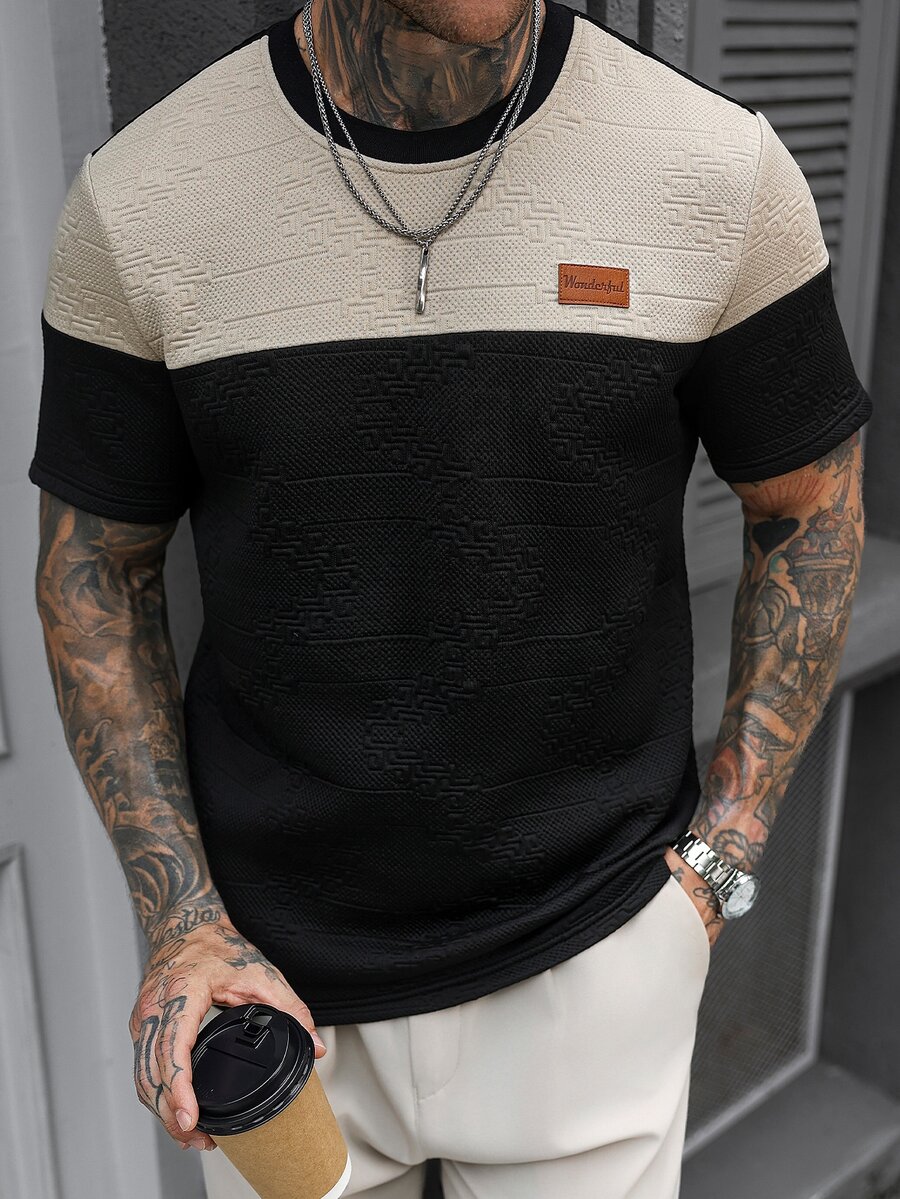 EGENSIO Premium Colorblock Jacquard Top, Contrast Shoulder Design Versatile Men's Short Sleeve Shirt - Black - View 1