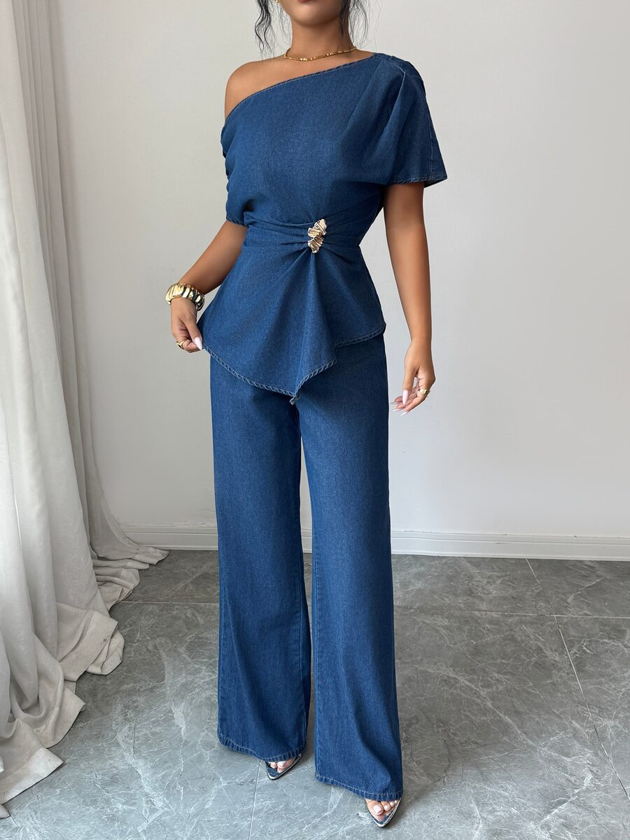 Elenzga Asymmetrical Neck Batwing Sleeve Metal Ruched Waist Denim Top & Wide Leg Pants Set