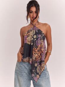SHEIN BAE 女款掛脖背心上衣，休閒極簡度假波希米亞優雅浪漫復古豹紋花卉圖案，女款秋季服飾，秋季穿搭，女款正式襯衫，女款通勤穿搭 - 彩色 - 查看 4