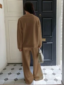 DAZY Women's Solid Color Long Sleeve Top And Pants Casual Daily Knit Two Pieces Set - Brown - View 6