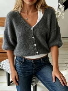 SHEIN Women's V-Neck Knit Cardigan Loose Short Single-Breasted Lightweight Outerwear Jacket French Gentle Style Autumn/Winter Versatile Casual Slimming Short Cardigan Top - Dark Grey - View 3