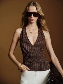 Anewsta Essential Tank Top Wanita Baru Motif Garis dengan Kerah Halter dan V-Neck Silang Fashion Modern - Mocha Brown - View 7