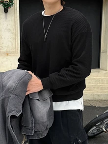 DAZY Spring/Autumn Round Neck Black Ribbed Heavyweight Loose Fit Men's Pullover Sweatshirt - Black - View 6