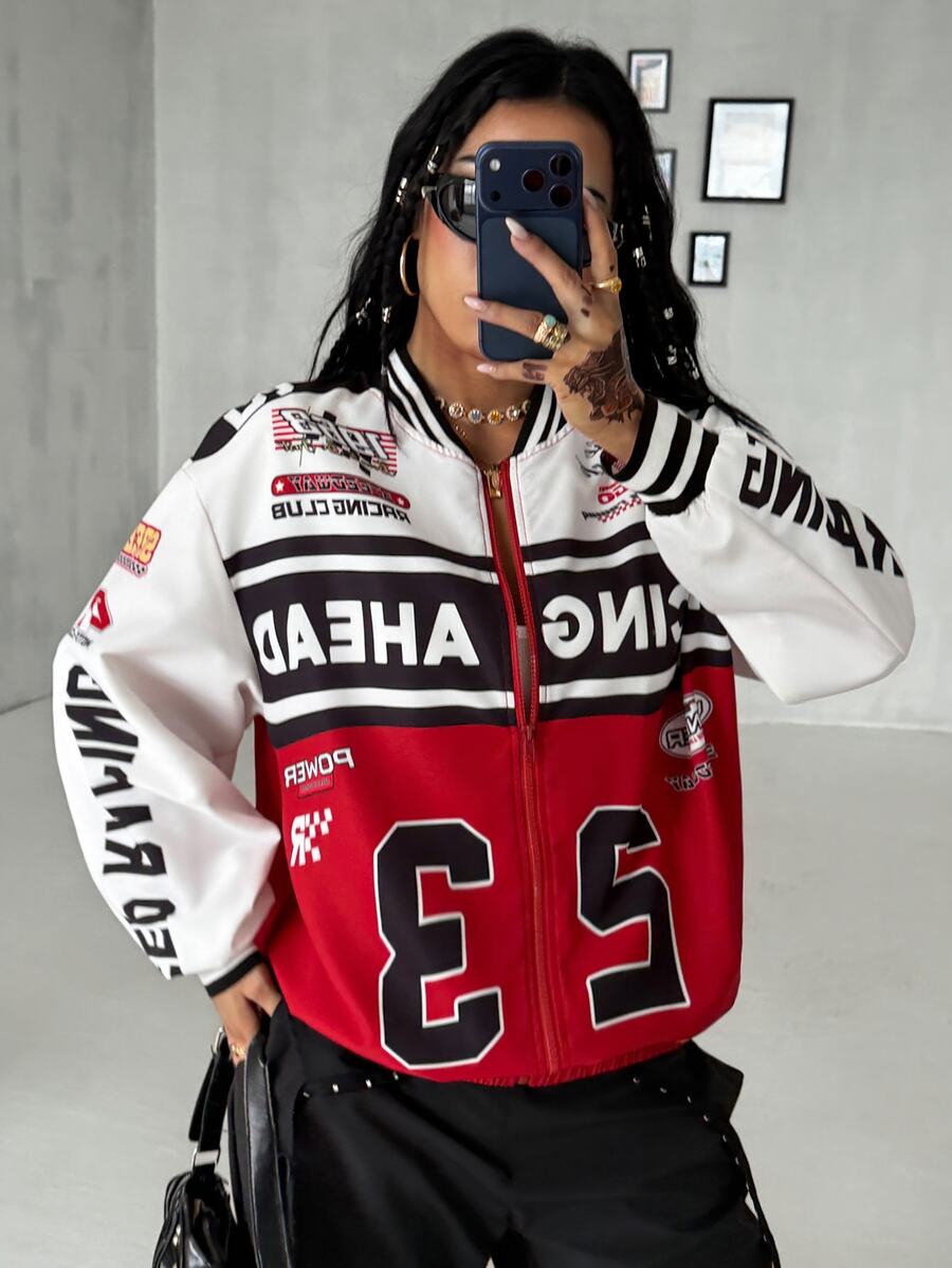 Coolane 女款與男款秋冬街頭風休閒運動賽車手出門穿搭圖案拉鍊式寬鬆長袖棒球衫賽車夾克 - 彩色 - 查看 1