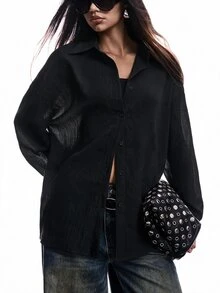 SHEIN EZwear 女款黑色單排扣長袖極簡百搭襯衫 - 黑色 - 查看 1