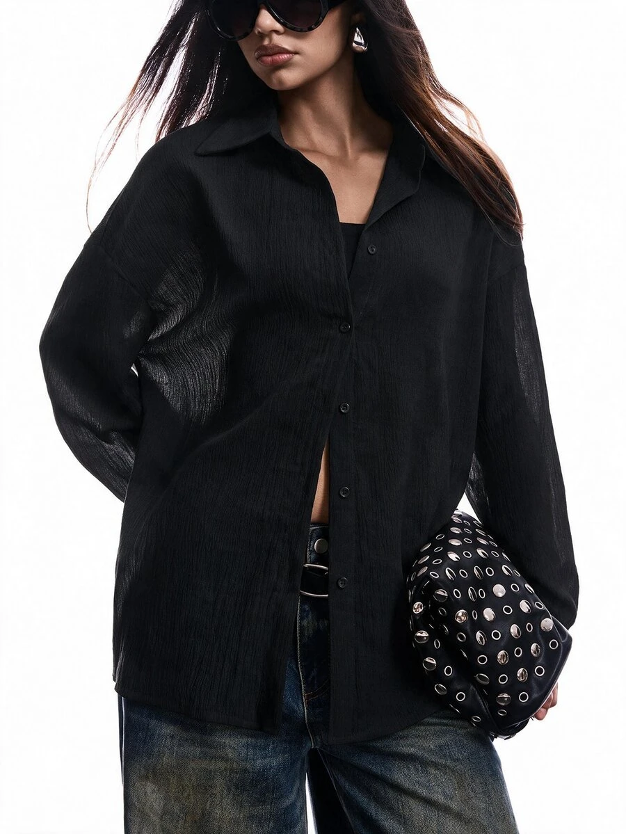 SHEIN EZwear 女款黑色單排扣長袖極簡百搭襯衫 - 黑色 - 查看 1