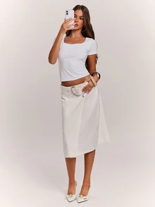 SHEIN BAE Women Denim Skirts - Beige - View 5