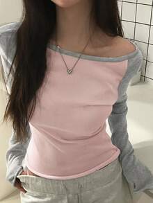 DAZY 女款不對稱肩拼接配色長袖韓系清新女孩毛衣 - 藕粉色 - 查看 5