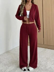 SHEIN EZwear 女款純色單排扣長袖夾克與腰帶褲兩件套 - 酒紅色 - 查看 4