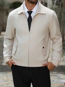 Manfinity Homme 男士 2026 春夏卡其色領口拉鍊哈靈頓夾克，透氣棉質面料修身版型 - 杏色 - 查看 3