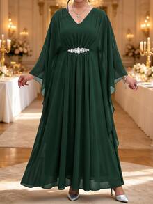 Fleurora Plus Size Women Solid Color V-Neck High Waist Pleated Rhinestone Decor Asymmetrical Long Sleeve Dress - Dark Green - View 3