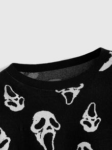 ROMWE Dark Gothic Skull Moth Plant Jacquard Loose Pullover Sweater Plus Size - Black - View 3