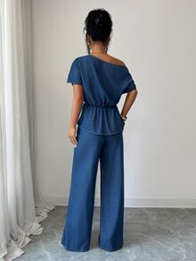 Elenzga Conjunto de Top de Denim con Cuello Asimétrico, Manga Murciélago y Cintura Fruncida de Metal & Pantalones de Pierna Ancha - Azul - Ver 3