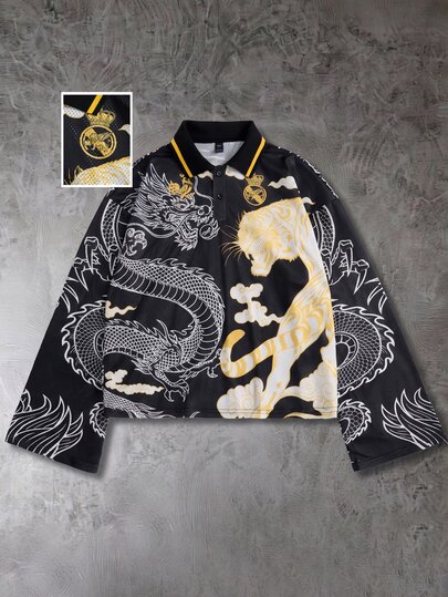 ROMWE MEN Street Life Men's Button Half Placket Vintage Chinese Dragon Print Polo Shirt