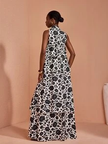 JIAN LASALA Knit Floral Print Halter Neckline Sleeveless Multi Uneven Ruffle Hemline Long Dress Elegant - Black and White - View 2