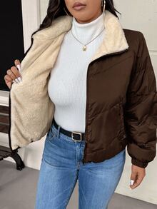 SHEIN Frenchy 大尺碼女款保暖內裡休閒百搭連帽填充外套 冬季 - 咖啡棕 - 查看 3