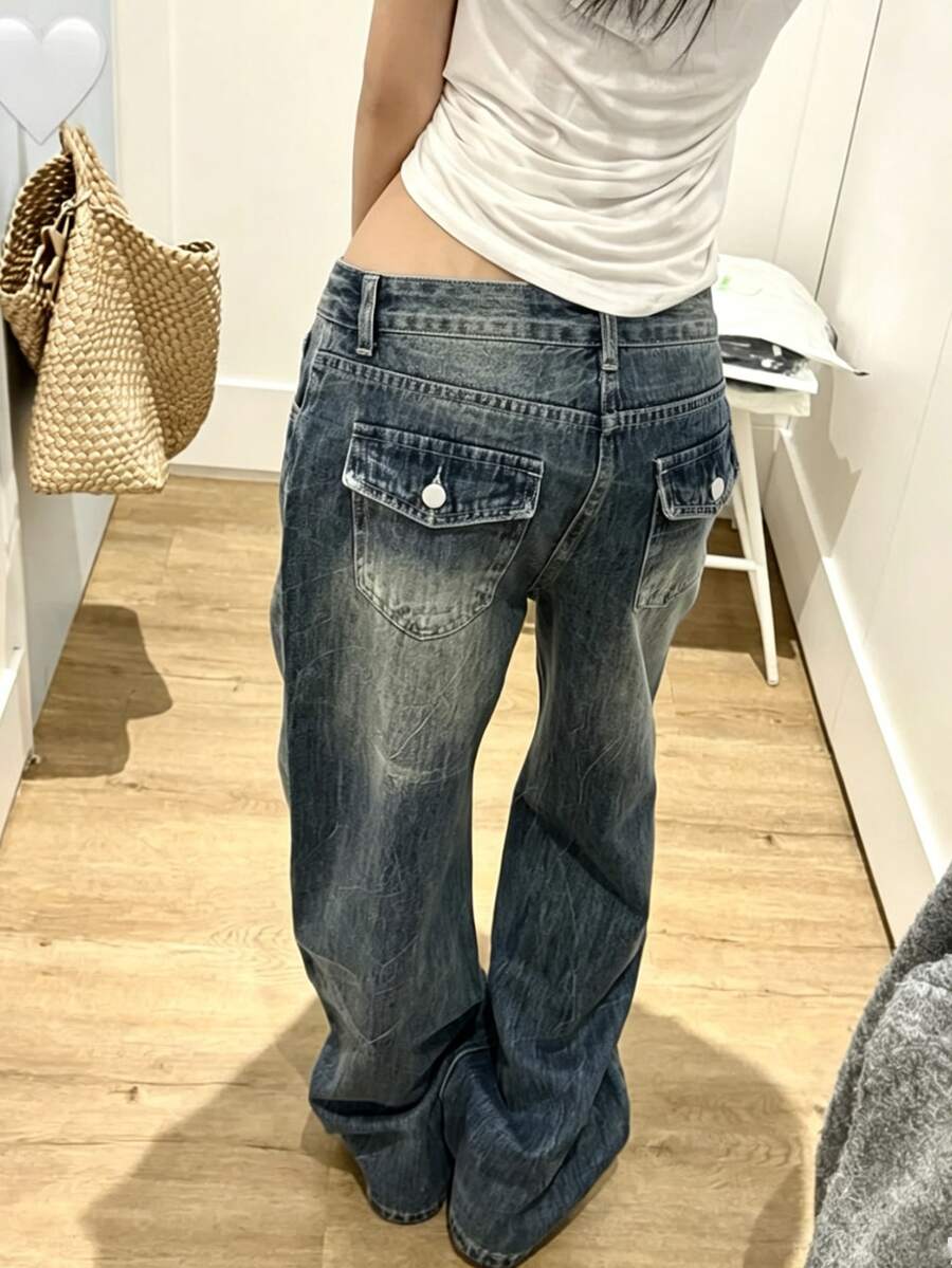 DAZY Women's Fashion Button Pocket Loose Denim Jeans Streetwear - Blue - View 1