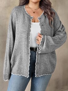 SHEIN CURVE+ 大尺碼女款拼色休閒百搭日常外出開襟衫 - 灰色 - 查看 7
