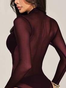 SHEIN PETITE 女款性感純色網紗包覆式連身衣 - 中紫紅色 - 查看 2