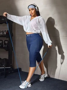 Flexra Festival Y2K Plus Size Women's Blue Stretch Sexy Tight Capris Denim Pants - Dark Wash - View 8