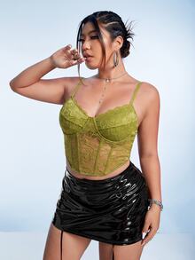 SHEIN ICON 黑色束腰式蕾絲細肩帶背心上衣 - 橄欖綠 - 查看 5