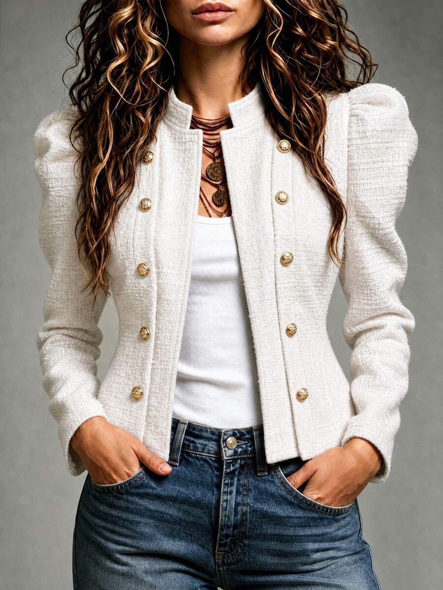 SHEIN Women's Elegant Sophisticated Leg-Of-Gigot Sleeve Metal Button Jacket Commuter - White - View 1