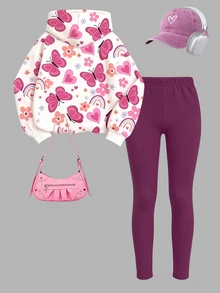 1set Young Girl 2 Pieces Outfit, All-Over Print Butterfly, Flower, Heart, Rainbow Pattern Hooded Sweatshirt Paired With Purple Elastic Leggings With Heart Pattern, Cute Children's Clothing For Spring And Autumn - Multicolor - View 2