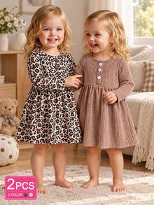 SHEIN Playful Pals 2件組嬰幼兒女童百褶洋裝，可愛甜美棕色豹紋羅紋針織鈕扣長袖圓領常規款，秋季節日萬聖節公主風時尚洋裝 - 彩色 - 查看 4