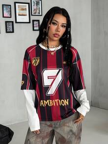Coolane 女款秋冬街頭風休閒運動風比賽日 Ricing 圖案條紋彈性黑紅拼接寬鬆長袖T恤 - 紅色 - 查看 1