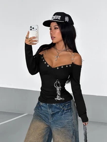 StreetHx Women's Black Casual Sexy Eyelet Decor Off-Shoulder Chain Trim Fitted Long Sleeve Top - Black - View 6