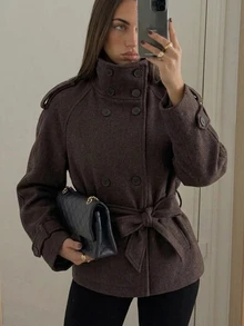 DAZY Women's Small Stand Collar Wool Blend Casual Short Trench Coat Jacket Winter - Grey - View 3