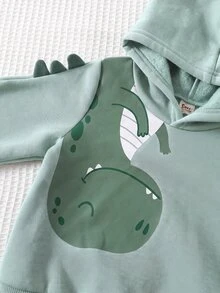 Cozy Pixies 男嬰卡通恐龍圖案連帽長袖套頭衛衣彈性腰收口秋冬長褲2件套 - 彩色 - 查看 4